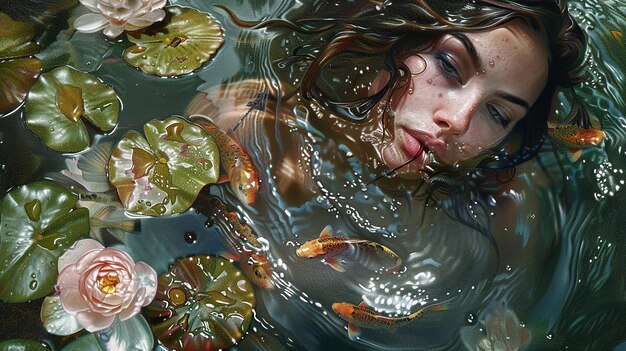 Photo hyper realistic upper body water nymph emerging from water