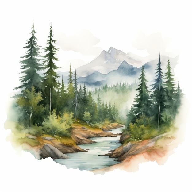 Hyper Realistic Watercolor Illustration Of Mountains In A Forest