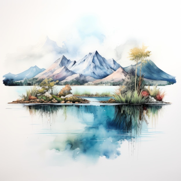 Hyper Realistic Watercolor Landscape Mountains And Lagoon