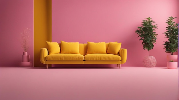 A hyper realistic yellow sofa with pink wall background 8k