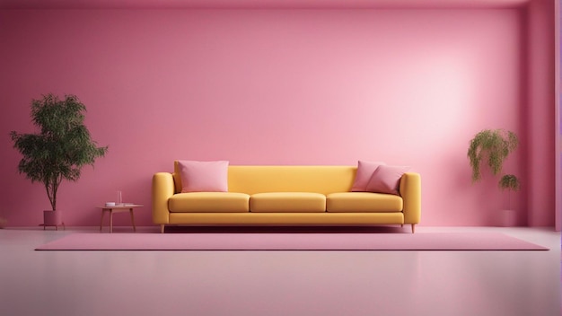 A hyper realistic yellow sofa with pink wall background 8k