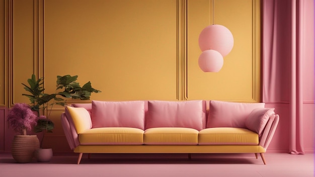 A hyper realistic yellow sofa with pink wall background 8k