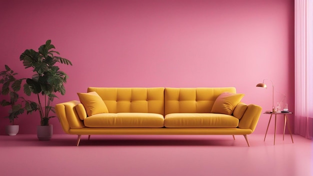 A hyper realistic yellow sofa with pink wall background 8k