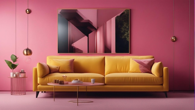 A hyper realistic yellow sofa with pink wall background 8k