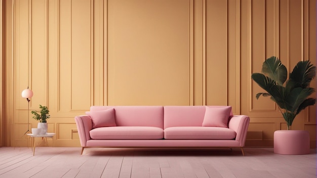 A hyper realistic yellow sofa with pink wall background 8k