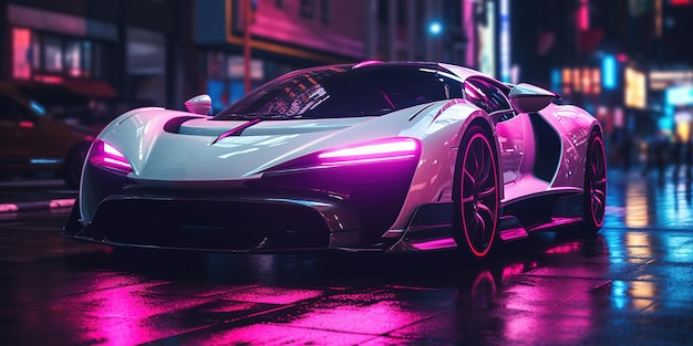 hypercar full neon lights parked in the city at night