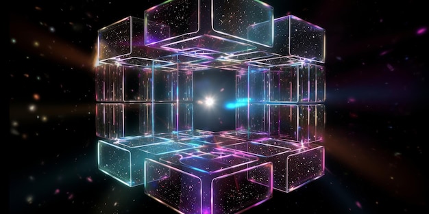 Hypercube spaceship timewarp rainbow Tesseract on glitter background generative AI