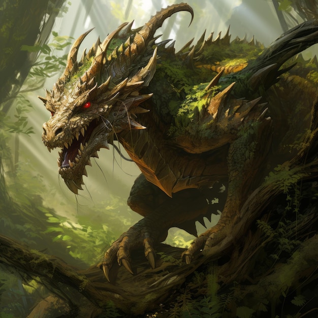 Photo hyperdetailed dragon standing on a log in the forest