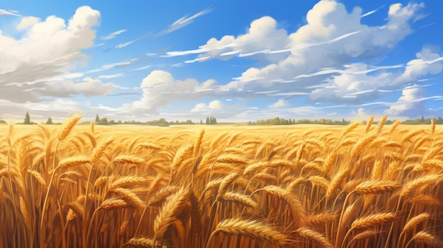 Hyperdetailed Illustration Of Ripe Wheat Field With Blue Sky