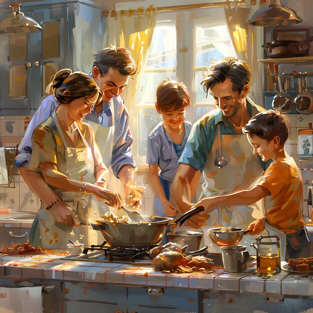 Photo hyperdetailed image of a family cooking together mess and all kitchen scene