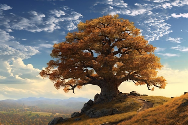 hyperdetailed Surreal chestnut oak tree on top of a hill majestic detailed vast landscape