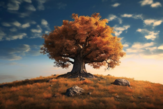 hyperdetailed Surreal chestnut oak tree on top of a hill majestic detailed vast landscape