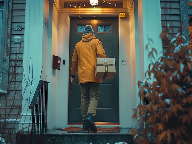 Photo hyperelliptic shot of delivery person placing package on doorstep