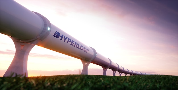 Hyperloop transportation concept. Futuristic transportation technology in evening environment. 3d rendering.