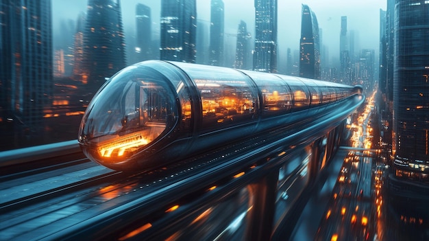 Photo hyperloop transportation system cutting through futuristic cities highspeed transport traveling across a sleek modern urban landscape