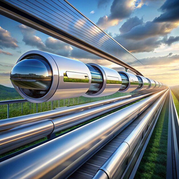 A Hyperloop transportation system featuring sleek capsules speeding through vacuum tubes