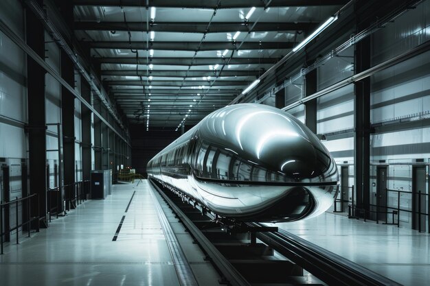 Hyperloop transportation system prototype glimmers under stark futuristic lighting