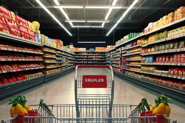 Hypermarket or supermarket with various product on the shelves