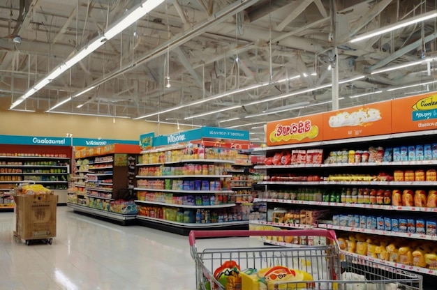 Hypermarket or supermarket with various product on the shelves