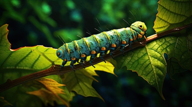 Hyperreal closeup of a caterpillar on a leaf