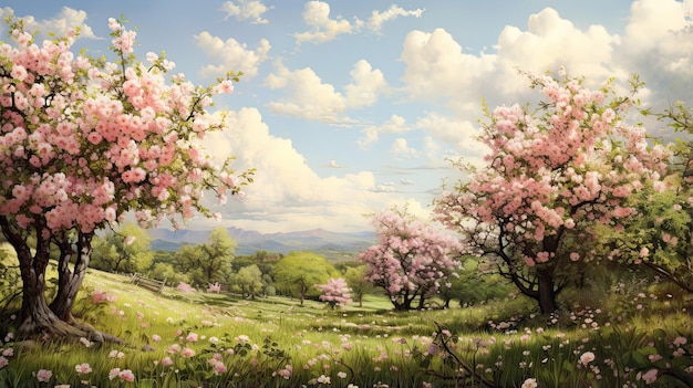 Hyperreal portrayal of a blossoming apple orchard