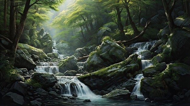 Hyperreal portrayal of a cascading forest waterfall