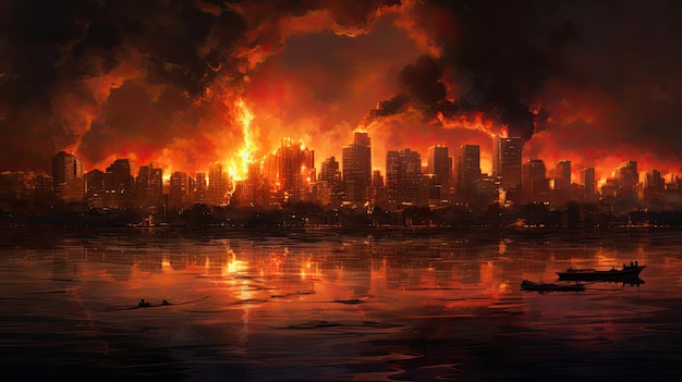 Hyperreal view of a city skyline during a fiery sunset