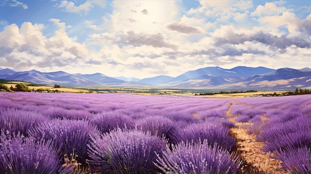 Hyperreal view of a sunlit field of lavender