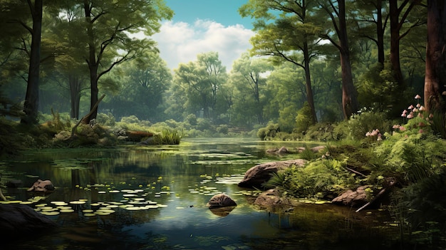 Hyperreal view of a tranquil pond surrounded by trees