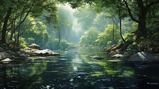 Hyperreal view of a tranquil pond surrounded by trees