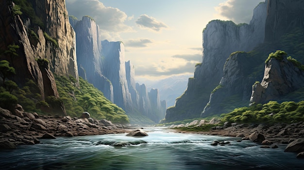 Hyperreal view of a tranquil river flowing through a canyon