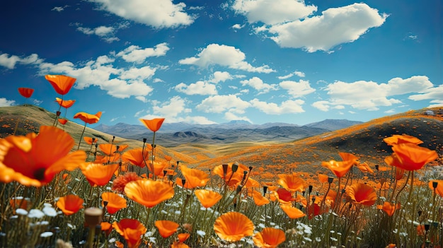 Hyperreal view of a vibrant field of wild poppies