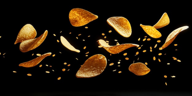 Photo hyperrealistic 3d render of potato chips flying in midair a black background with perfect lighting