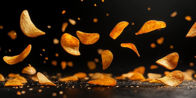 Photo hyperrealistic 3d render of potato chips flying in midair a black background with perfect lighting