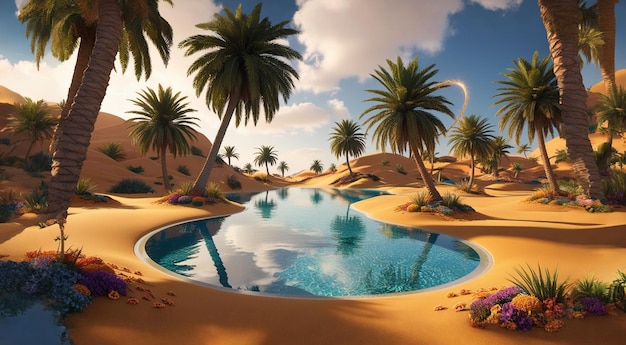 hyperrealistic 3D render of tranquil desert palm trees stretch towards the sky