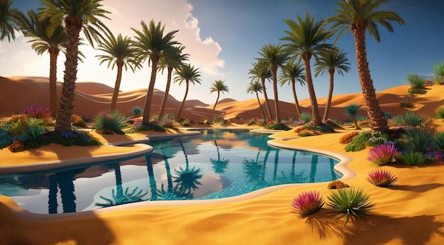 hyperrealistic 3D render of tranquil desert palm trees stretch towards the sky