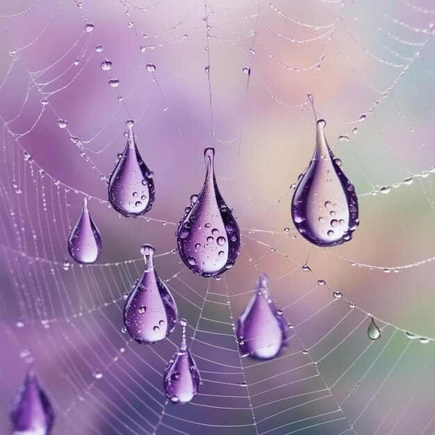 Photo hyperrealistic artwork of violet dewdrops on a delicate web serene morning scene