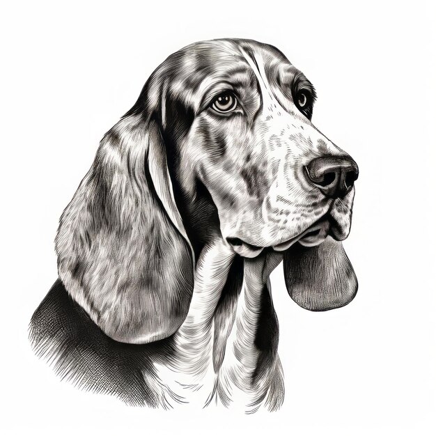 Photo hyperrealistic black and white basset hound dog drawing