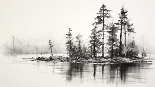 Photo hyperrealistic black and white landscape sketch of pine trees by the water