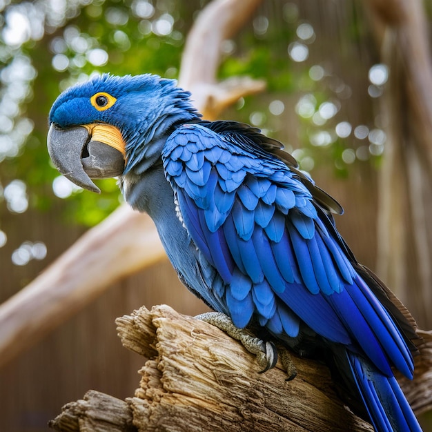 Photo hyperrealistic blue macaw on a weathered branch in the heart of the forest