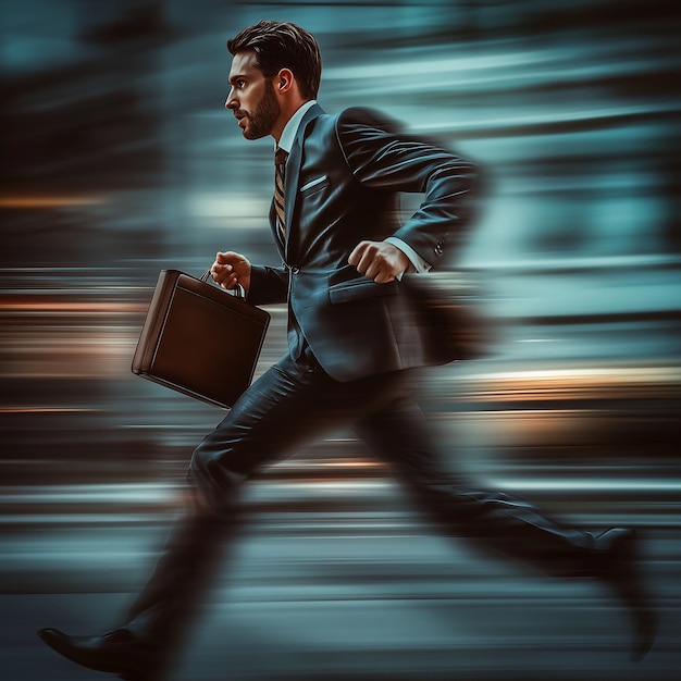 Photo hyperrealistic businessman in a tailored suit sprinting through a fastpaced urban environment