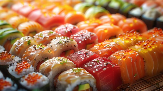 Photo hyperrealistic closeup of a colorful sushi platter each piece distinct bamboo mat