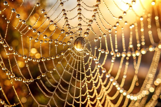 Photo hyperrealistic closeup of dewdrops on a spider web at sunrise