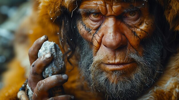 Photo hyperrealistic closeup of neanderthal holding using tool or crafting artifact emphasizing fine