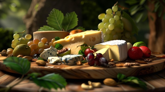 Photo hyperrealistic closeup of a selection of assorted cheeses and fruits on a wooden board