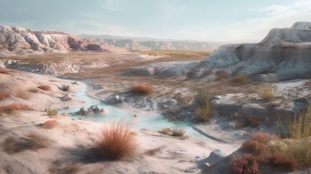 Hyperrealistic Depiction Of Badlands With White Sand Desert Fading Colors And A Flamingo