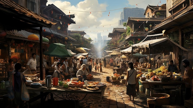 Hyperrealistic depiction of a bustling Asian street market