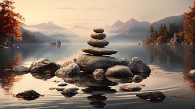 Hyperrealistic depiction featuring a pyramid of stones set amidst a landscape of tranquil waters