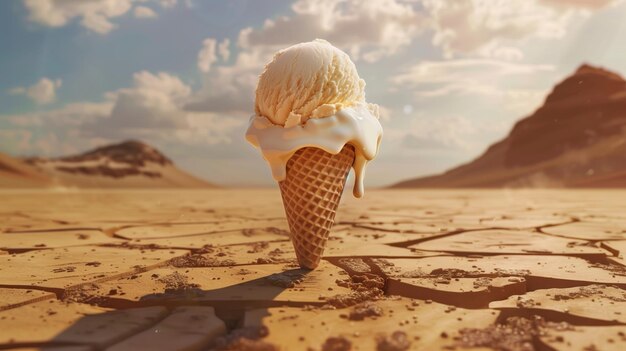 Photo a hyperrealistic depiction of an ice cream cone melting rapidly against the backdrop of a scorching desert