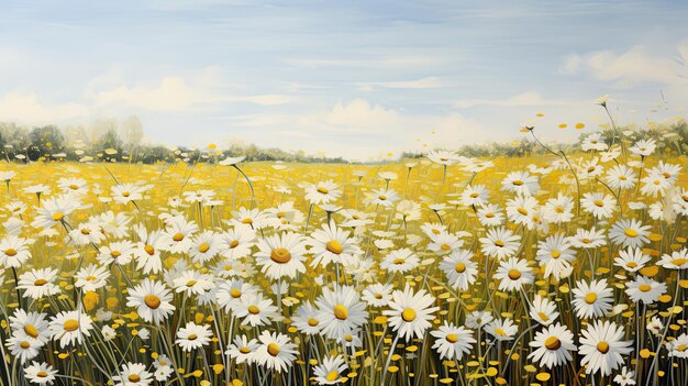 Hyperrealistic depiction of a sunlit field of daisies